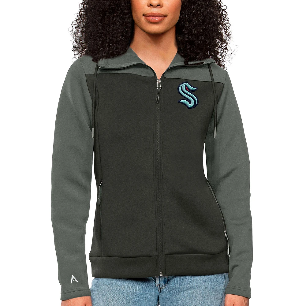 Women's Antigua Steel/Charcoal Seattle Kraken Protect Full-Zip Hoodie
