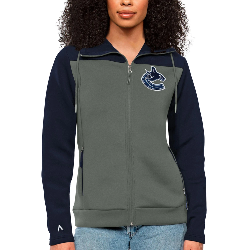 Women's Antigua Navy/Steel Vancouver Canucks Protect Full-Zip Hoodie
