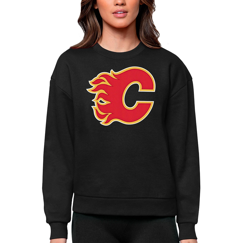 Women's Antigua Black Calgary Flames Primary Logo Team Victory Crewneck Pullover Sweatshirt