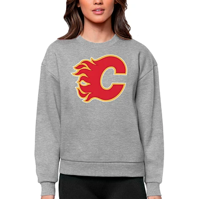 Women's Antigua Heather Gray Calgary Flames Primary Logo Team Victory Crewneck Pullover Sweatshirt