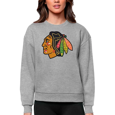 Women's Antigua Heather Gray Chicago Blackhawks Primary Logo Team Victory Crewneck Pullover Sweatshirt