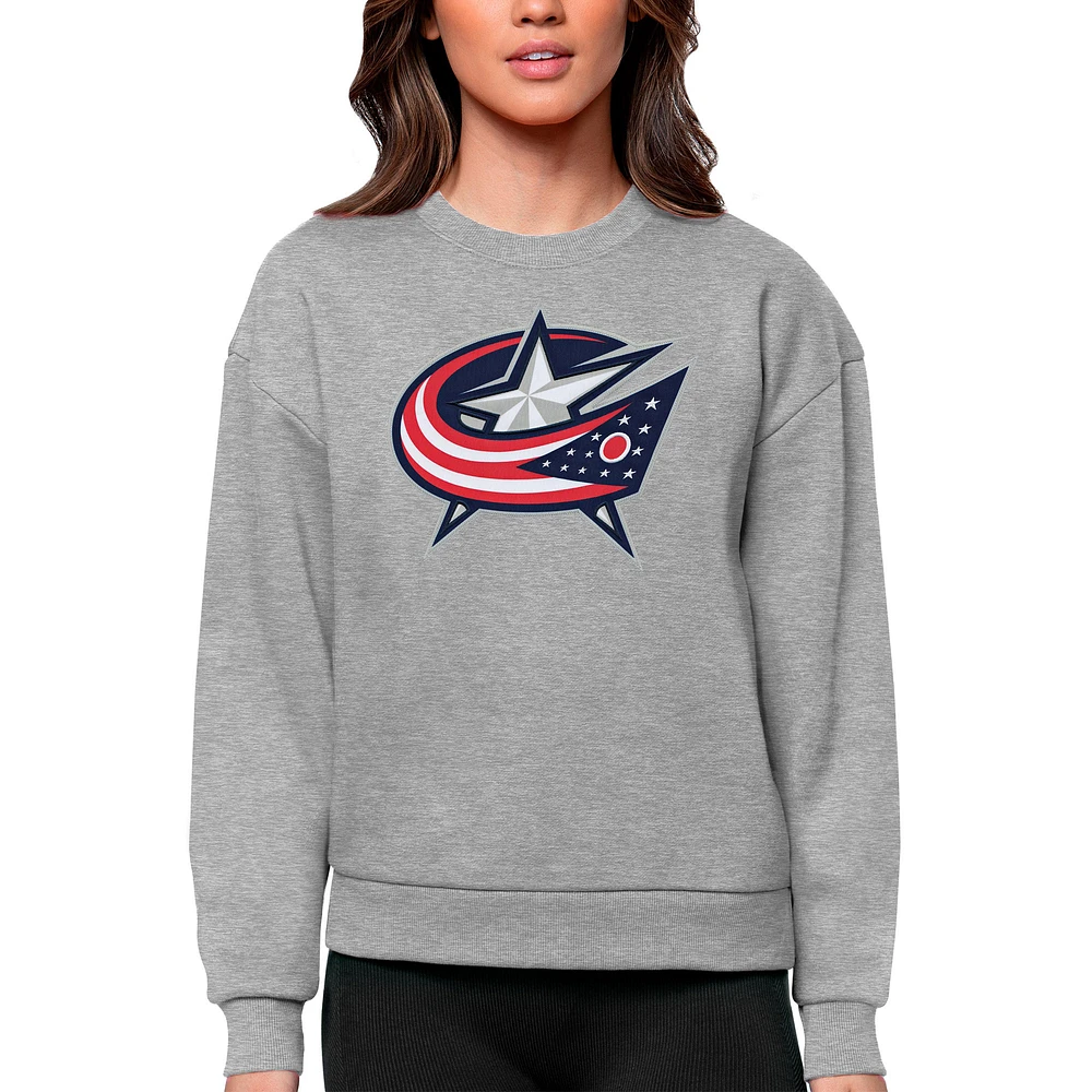 Women's Antigua Heather Gray Columbus Blue Jackets Primary Logo Team Victory Crewneck Pullover Sweatshirt