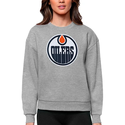 Women's Antigua Heather Gray Edmonton Oilers Primary Logo Team Victory Crewneck Pullover Sweatshirt