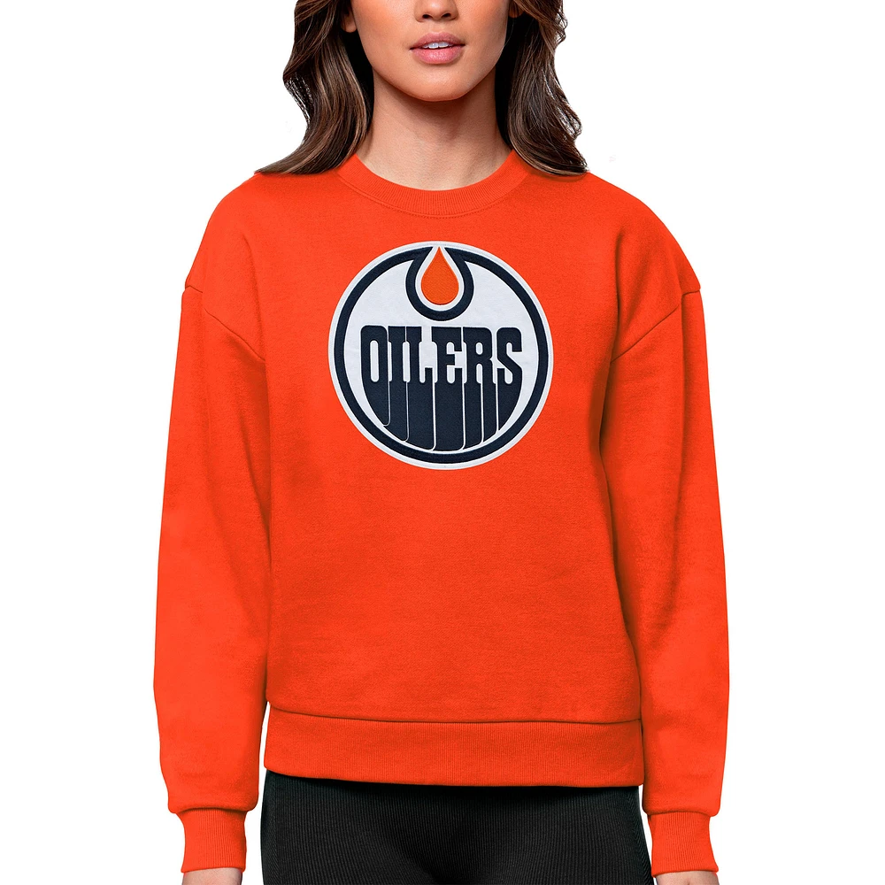 Women's Antigua Orange Edmonton Oilers Primary Logo Team Victory Crewneck Pullover Sweatshirt