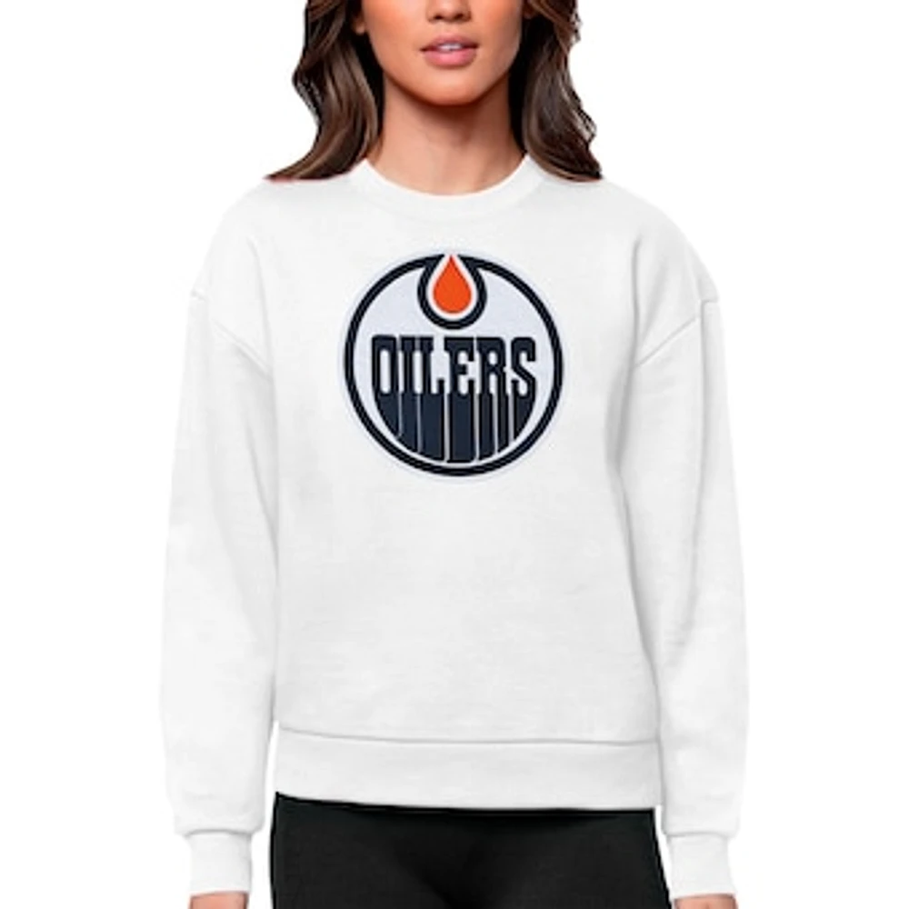 Women's Antigua White Edmonton Oilers Primary Logo Team Victory Crewneck Pullover Sweatshirt
