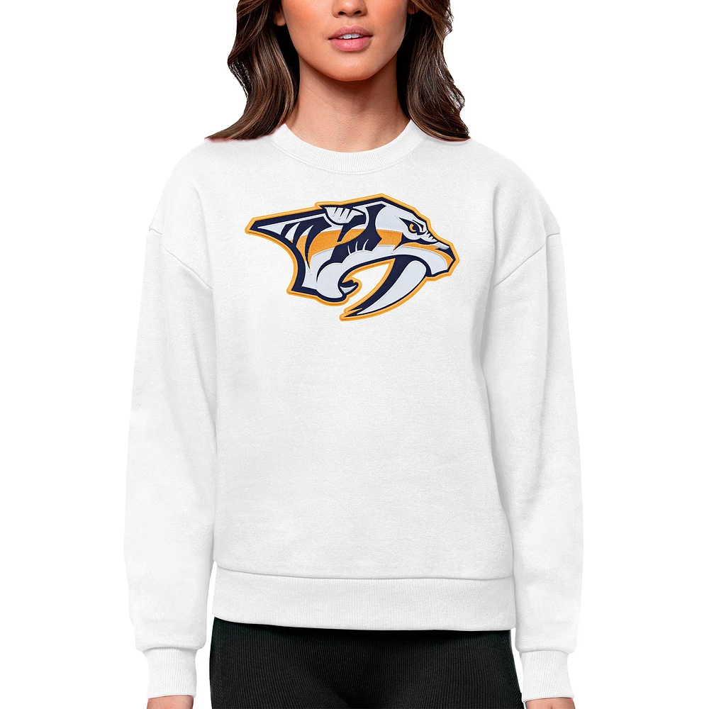 Women's Antigua White Nashville Predators Primary Logo Team Victory Crewneck Pullover Sweatshirt