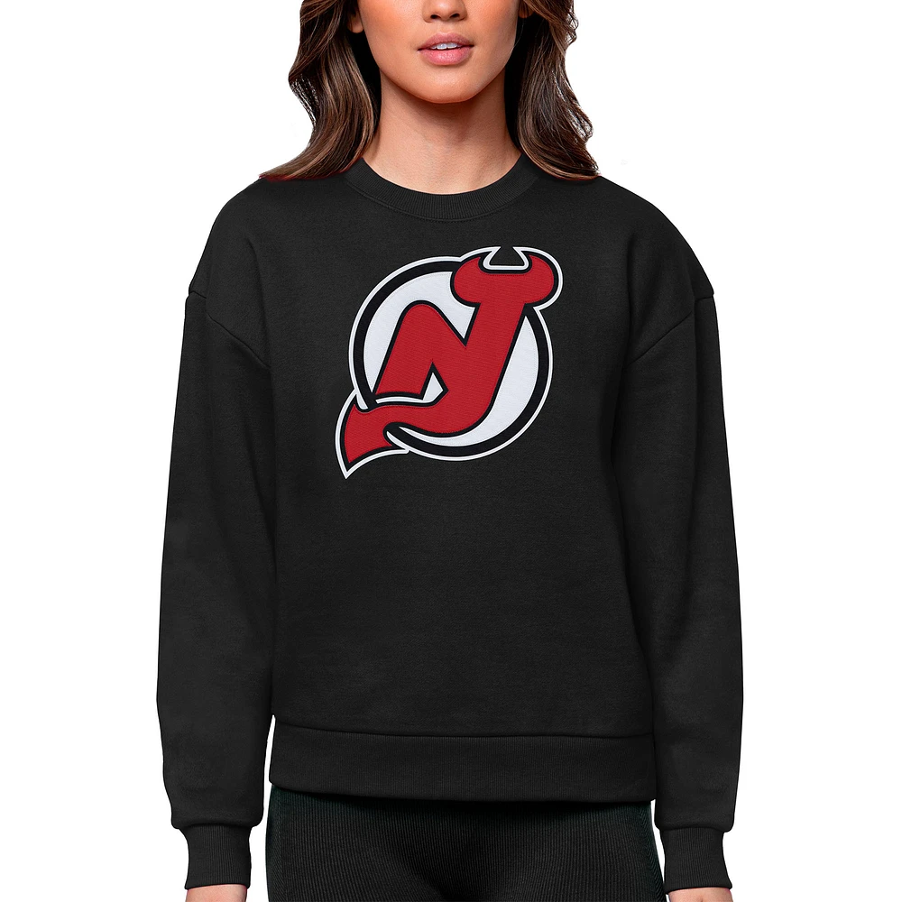 Women's Antigua Black New Jersey Devils Primary Logo Team Victory Crewneck Pullover Sweatshirt