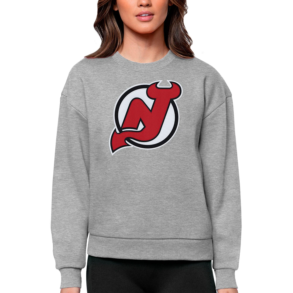 Women's Antigua Heather Gray New Jersey Devils Primary Logo Team Victory Crewneck Pullover Sweatshirt