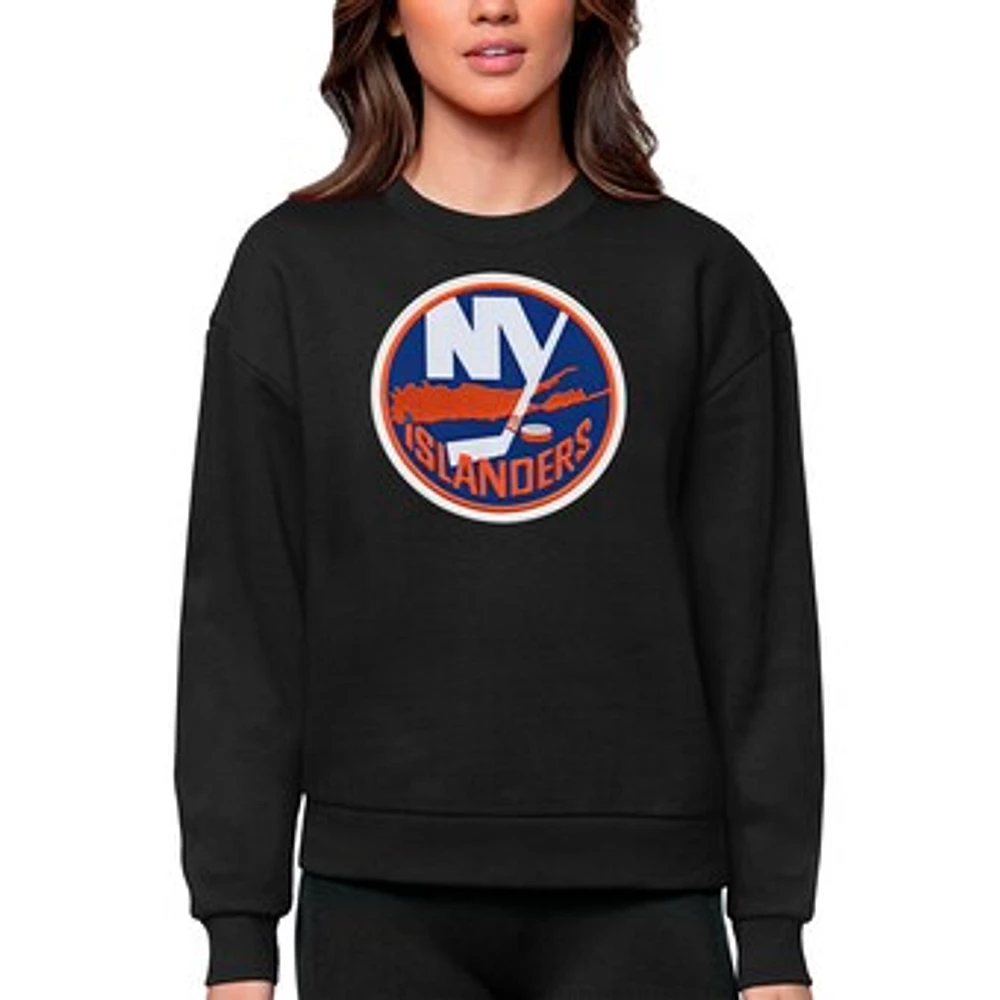 Women's Antigua Black New York Islanders Primary Logo Team Victory Crewneck Pullover Sweatshirt