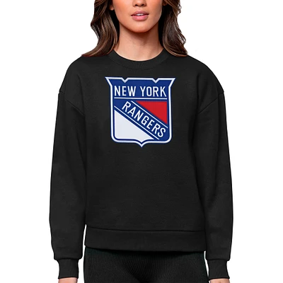 Women's Antigua Black New York Rangers Primary Logo Team Victory Crewneck Pullover Sweatshirt