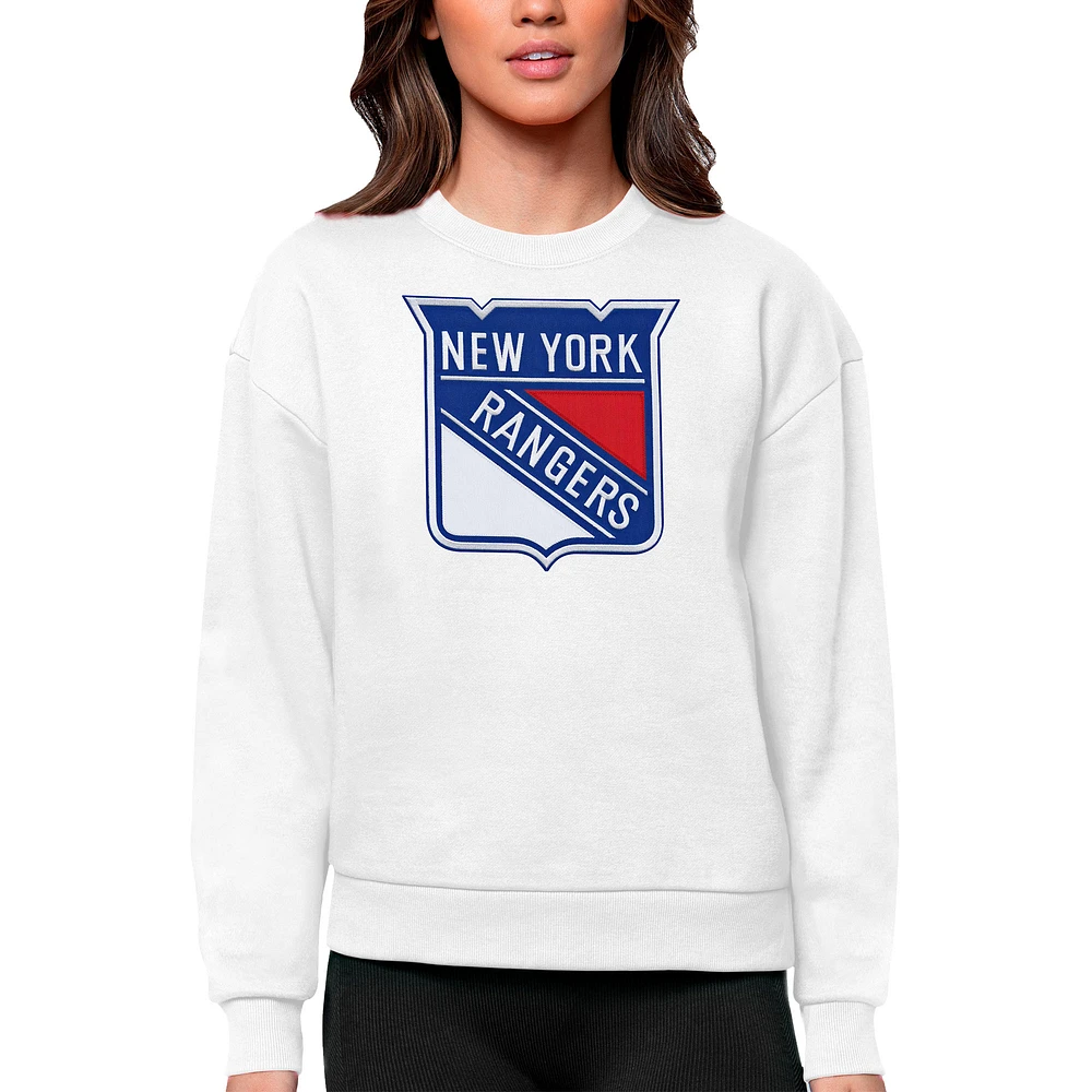 Women's Antigua White New York Rangers Primary Logo Team Victory Crewneck Pullover Sweatshirt