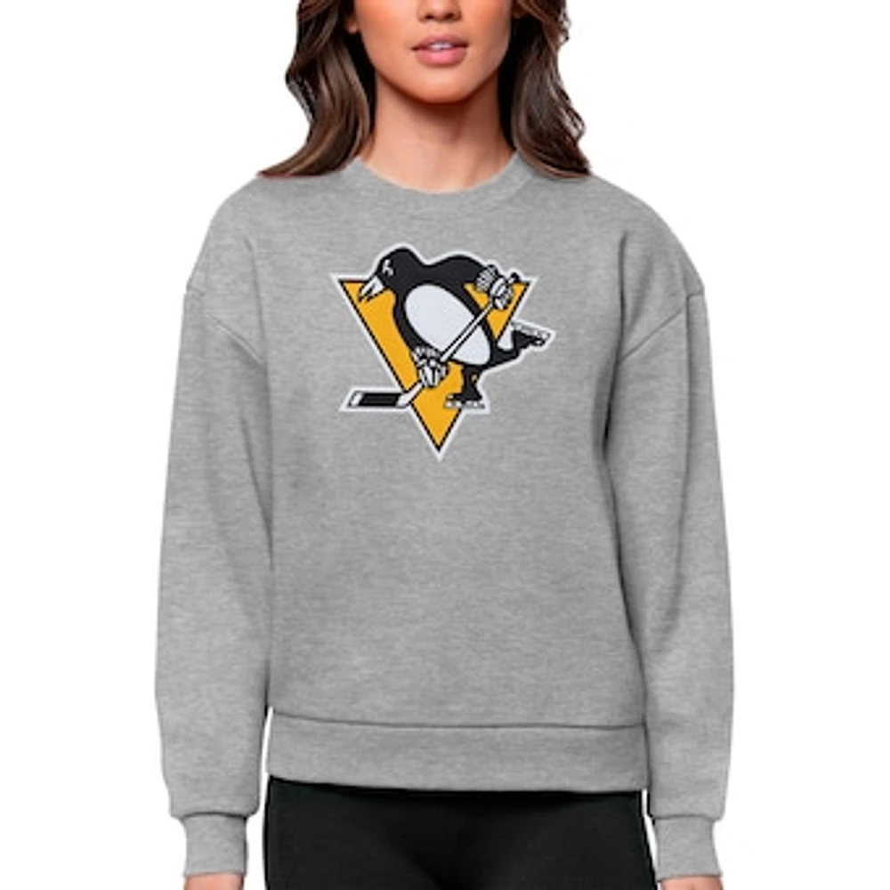 Women's Antigua Heather Gray Pittsburgh Penguins Primary Logo Team Victory Crewneck Pullover Sweatshirt