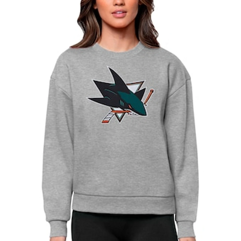 Women's Antigua Heather Gray San Jose Sharks Primary Logo Team Victory Crewneck Pullover Sweatshirt