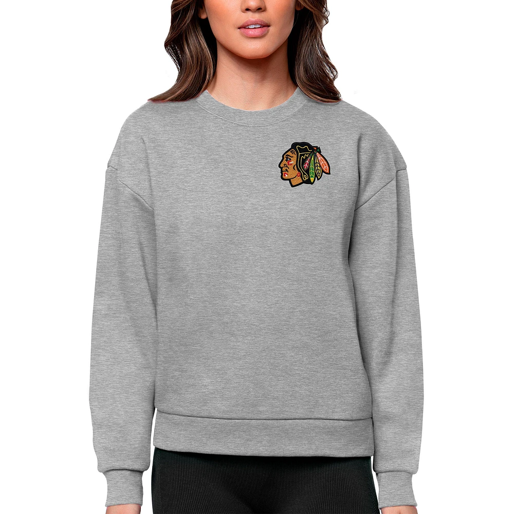 Women's Antigua Heather Gray Chicago Blackhawks Primary Logo Victory Crewneck Pullover Sweatshirt