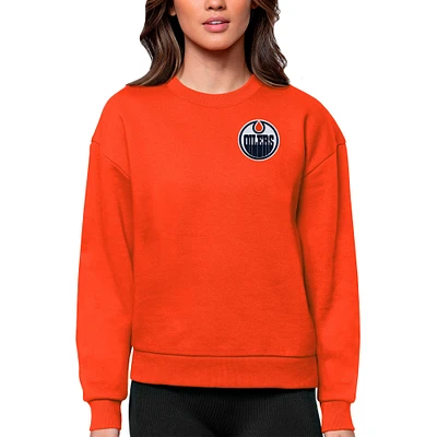 Women's Antigua Orange Edmonton Oilers Primary Logo Victory Crewneck Pullover Sweatshirt