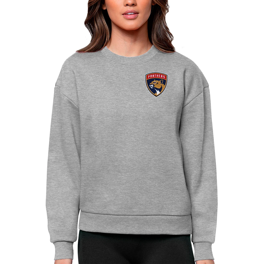 Women's Antigua Heather Gray Florida Panthers Primary Logo Victory Crewneck Pullover Sweatshirt