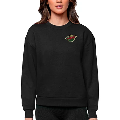 Women's Antigua Black Minnesota Wild Primary Logo Victory Crewneck Pullover Sweatshirt