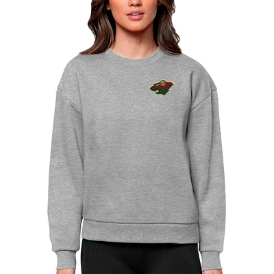 Women's Antigua Heather Gray Minnesota Wild Primary Logo Victory Crewneck Pullover Sweatshirt