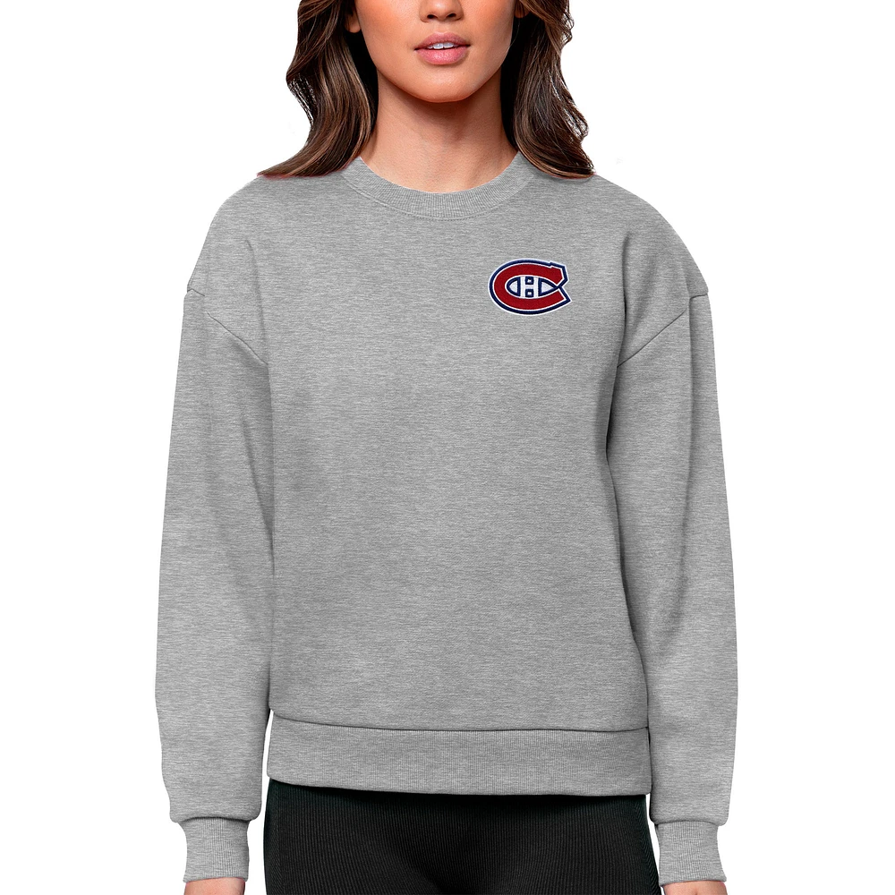 Women's Antigua Heather Gray Montreal Canadiens Primary Logo Victory Crewneck Pullover Sweatshirt