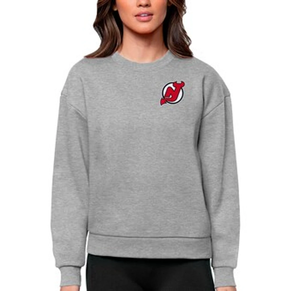Women's Antigua Heather Gray New Jersey Devils Primary Logo Victory Crewneck Pullover Sweatshirt