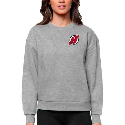 Women's Antigua Heather Gray New Jersey Devils Primary Logo Victory Crewneck Pullover Sweatshirt