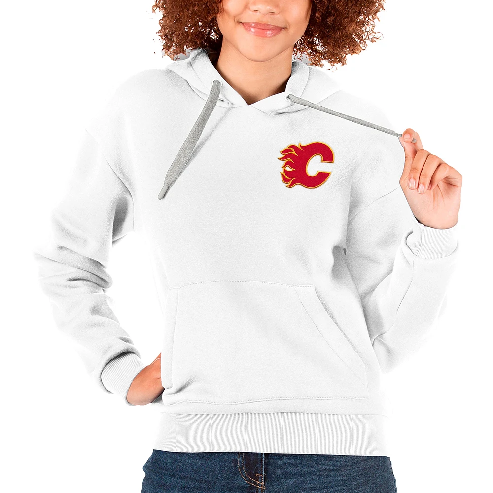 Women's Antigua White Calgary Flames Primary Logo Victory Pullover Hoodie