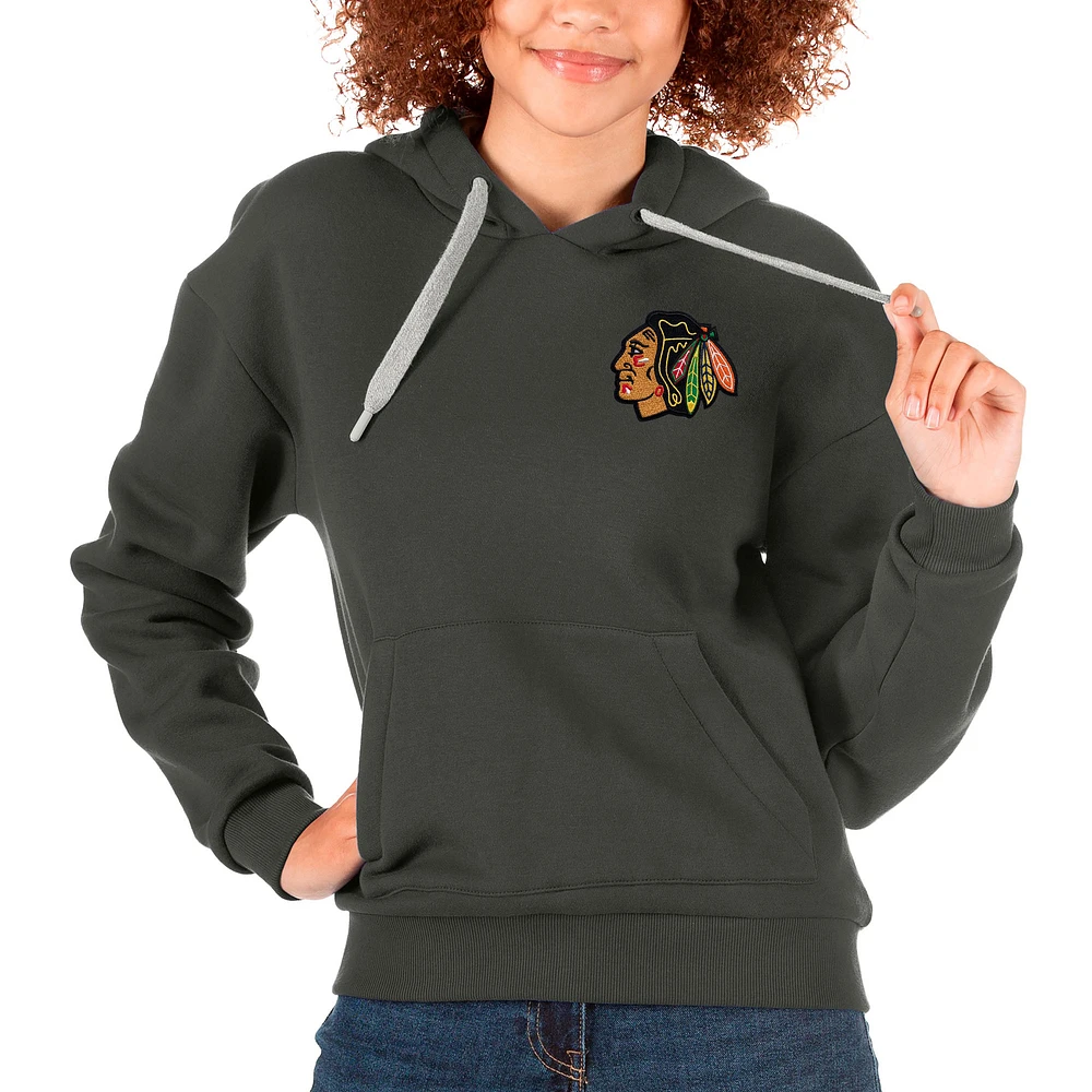 Women's Antigua Charcoal Chicago Blackhawks Primary Logo Victory Pullover Hoodie