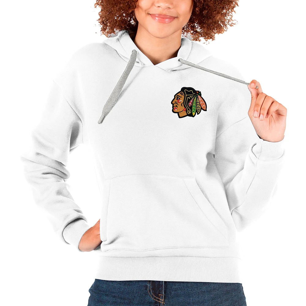 Women's Antigua White Chicago Blackhawks Primary Logo Victory Pullover Hoodie