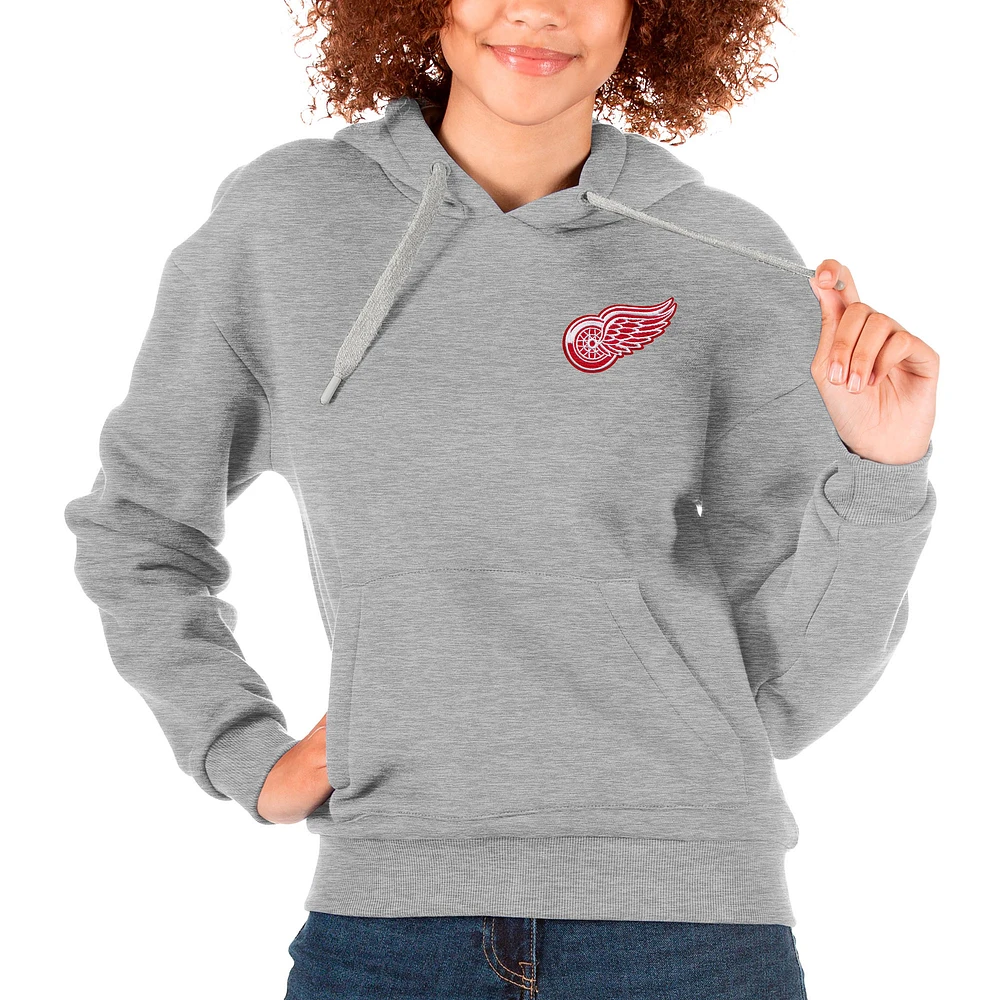 Women's Antigua Heather Gray Detroit Red Wings Primary Logo Victory Pullover Hoodie