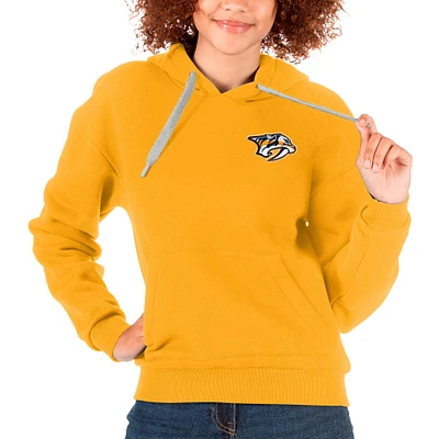 Women's Antigua Gold Nashville Predators Primary Logo Victory Pullover Hoodie