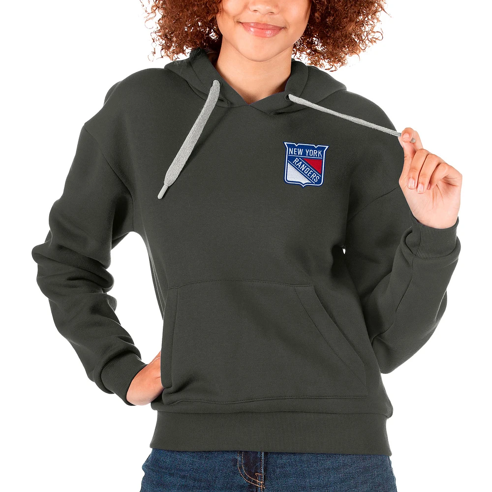 Women's Antigua Charcoal New York Rangers Primary Logo Victory Pullover Hoodie