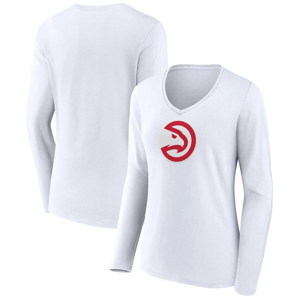 Women's White Atlanta Hawks Logo Long Sleeve V-Neck T-Shirt
