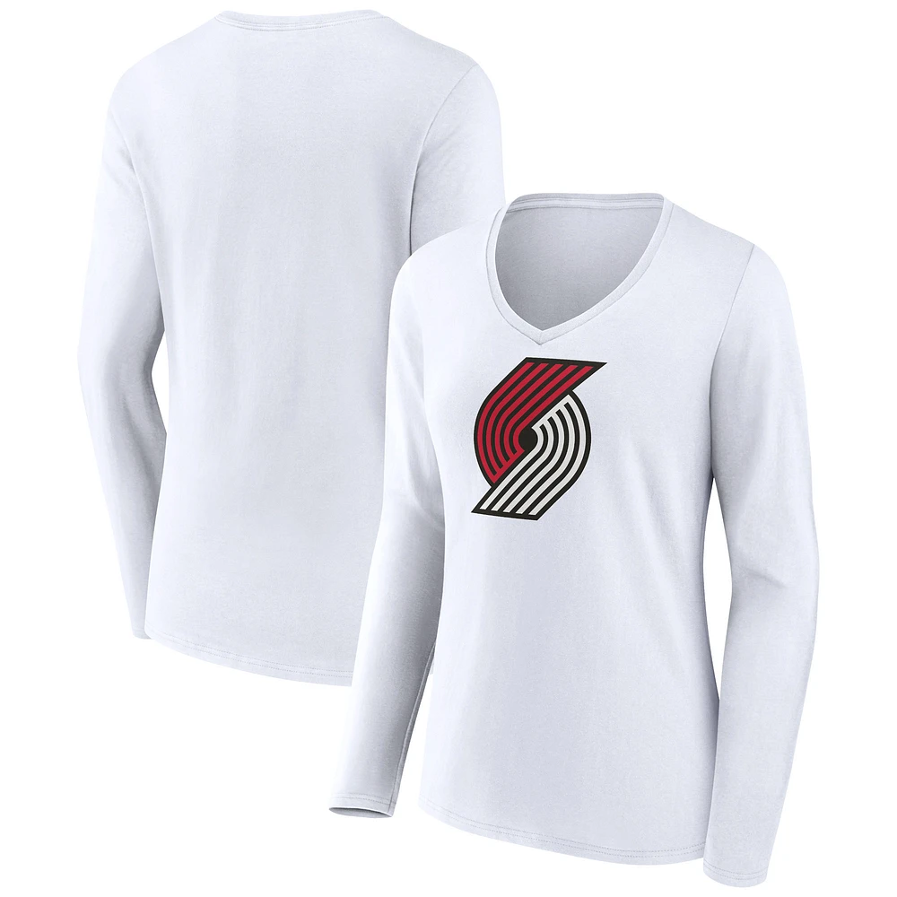Women's White Portland Trail Blazers Logo Long Sleeve V-Neck T-Shirt