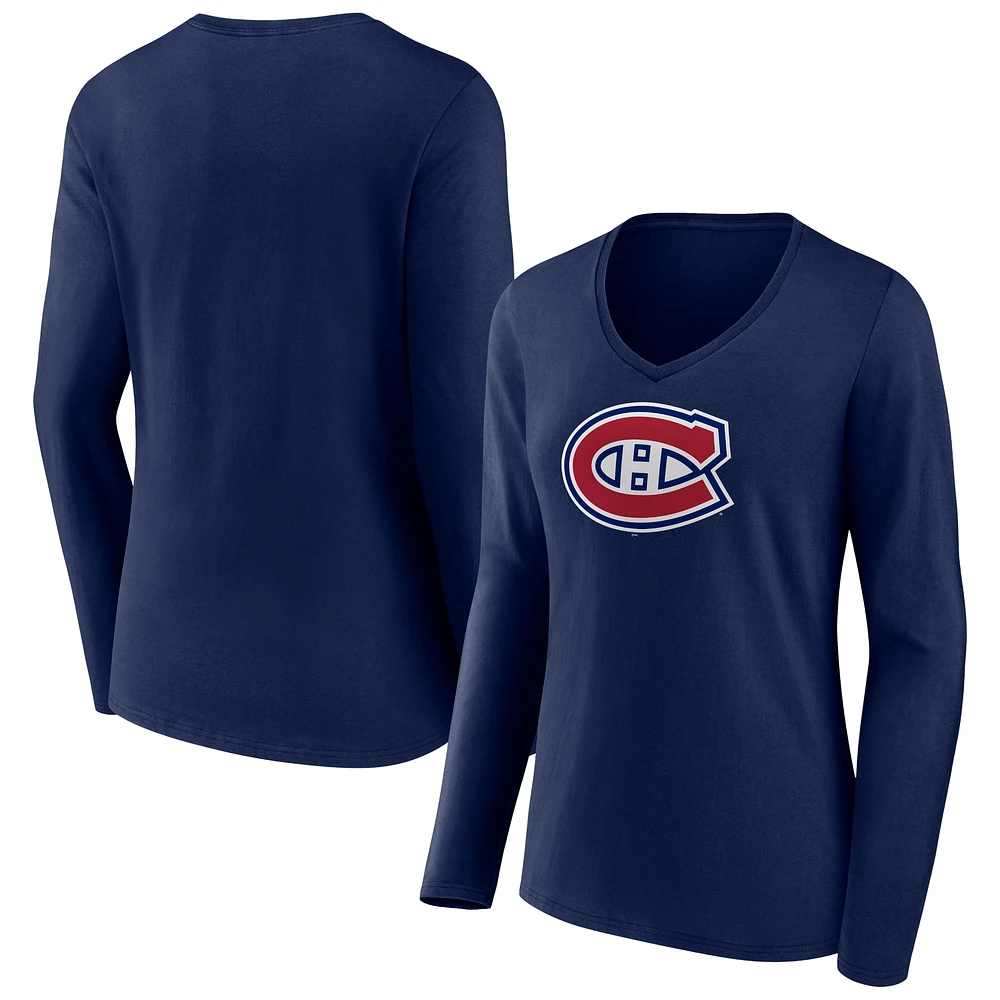 Women's Navy Montreal Canadiens Team Logo Long Sleeve V-Neck T-Shirt