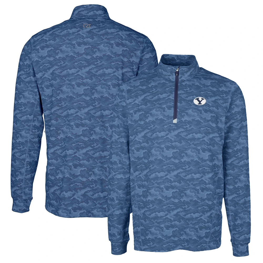 Men's Cutter & Buck Navy BYU Cougars Traverse Camo Print Stretch Quarter-Zip Pullover Top