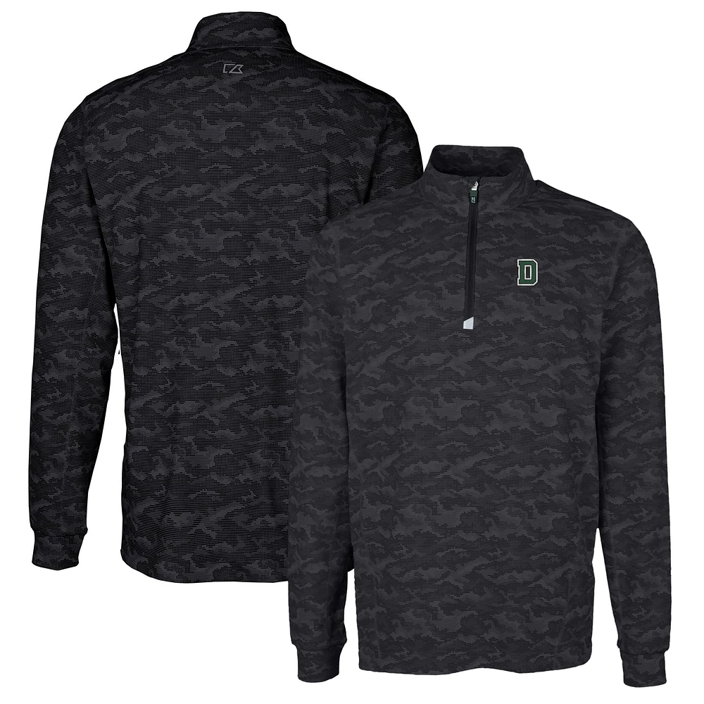 Men's Cutter & Buck Black Dartmouth Big Green Traverse Camo Print Stretch Quarter-Zip Pullover Top