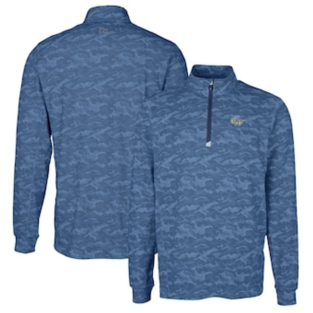 Men's Cutter & Buck Navy George Washington University Traverse Camo Print Stretch Quarter-Zip Pullover Top