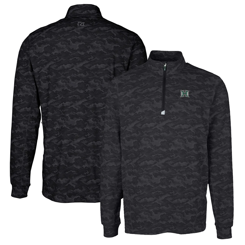 Men's Cutter & Buck Black Hawaii Warriors Traverse Camo Print Stretch Quarter-Zip Pullover Top