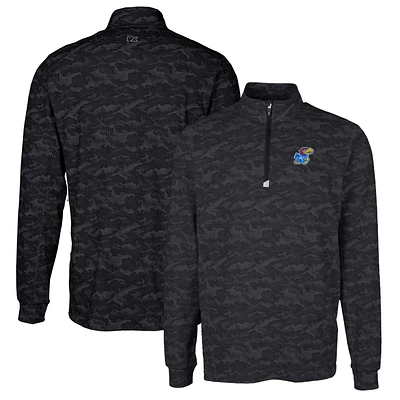 Men's Cutter & Buck Black Kansas Jayhawks Traverse Camo Print Stretch Quarter-Zip Pullover Top