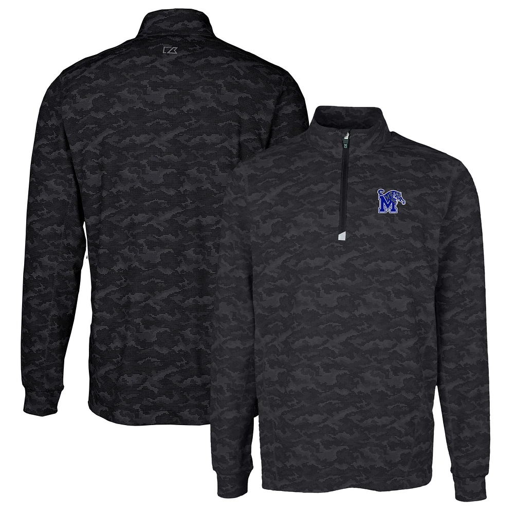 Men's Cutter & Buck Black Memphis Tigers Traverse Camo Print Stretch Quarter-Zip Pullover Top
