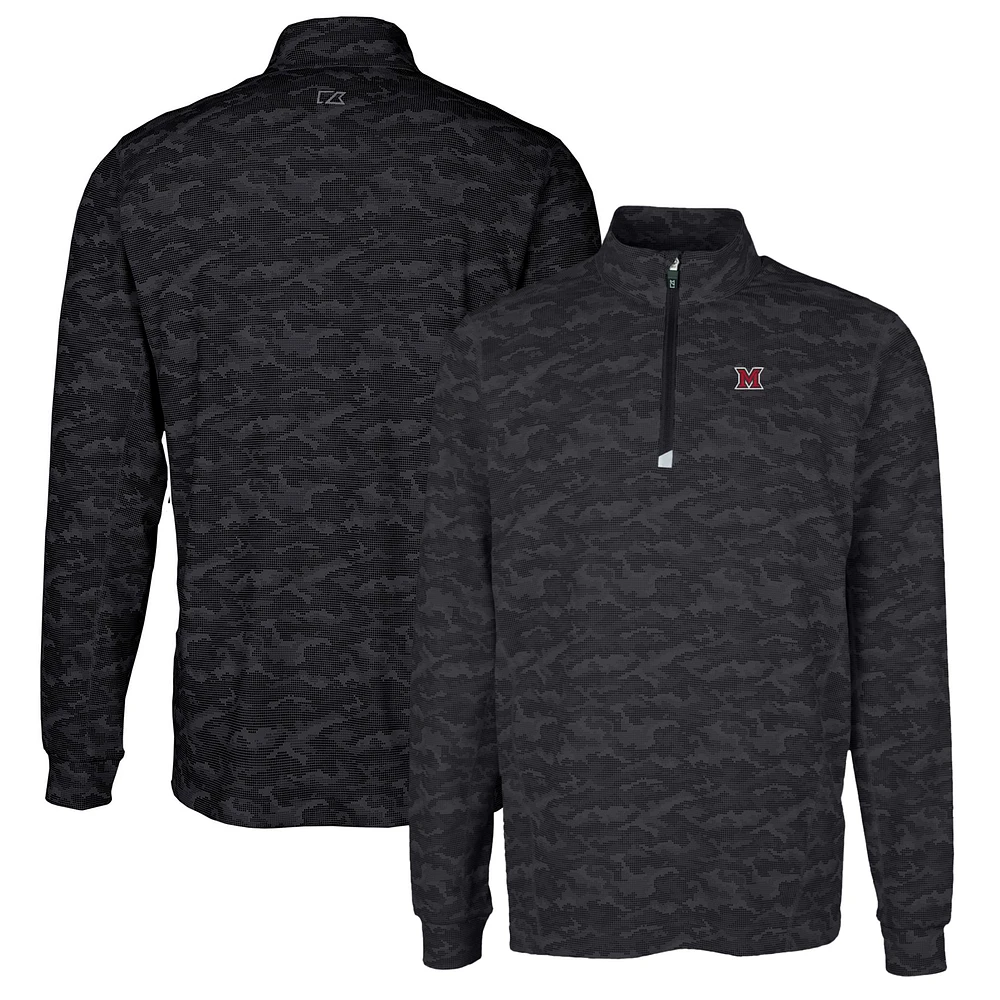 Men's Cutter & Buck Black Miami University RedHawks Traverse Camo Print Stretch Quarter-Zip Pullover Top