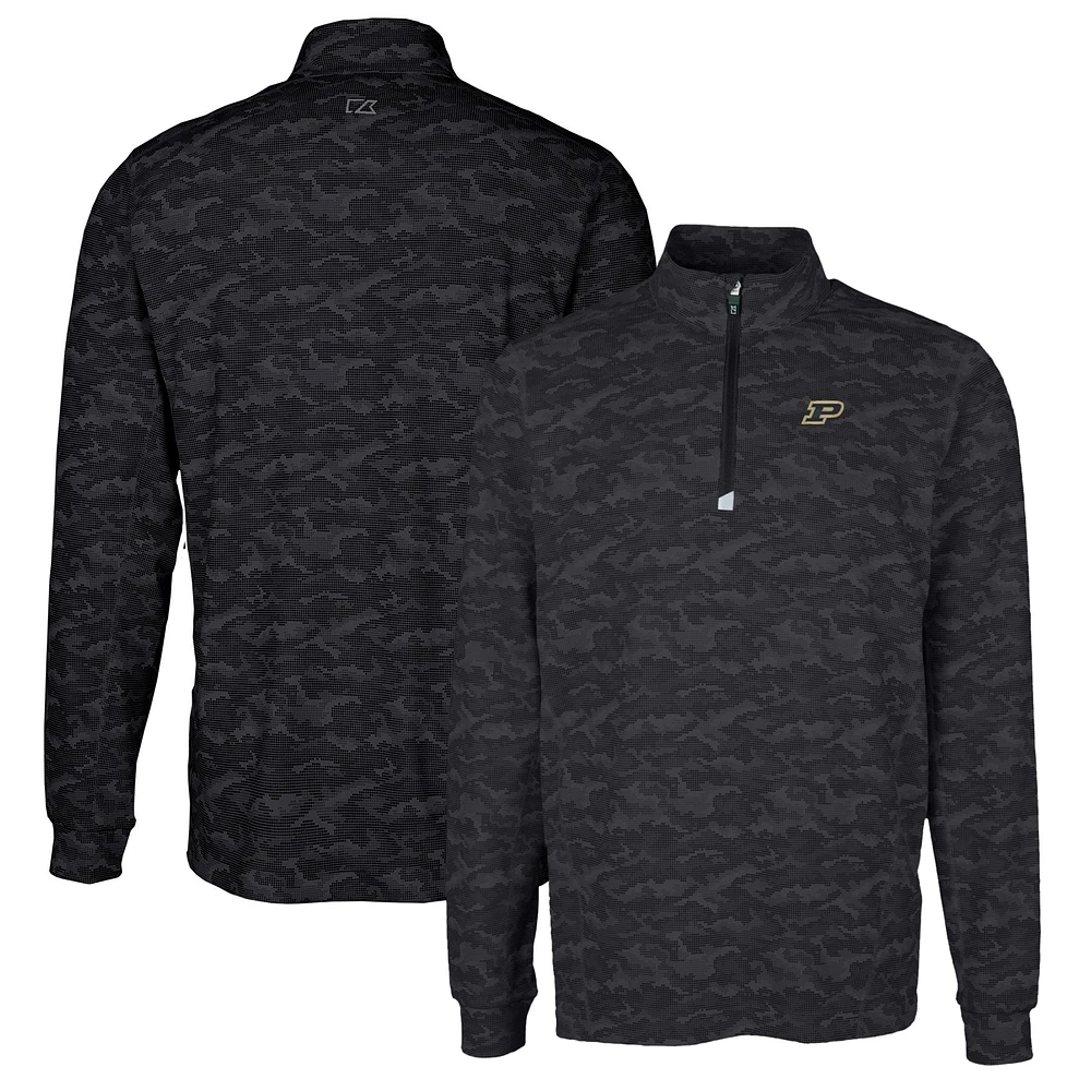 Men's Cutter & Buck Black Purdue Boilermakers Traverse Camo Print Stretch Quarter-Zip Pullover Top
