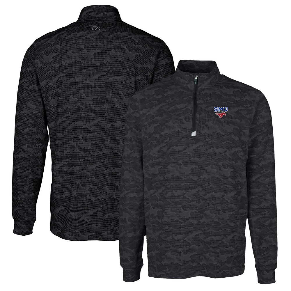Men's Cutter & Buck Black SMU Mustangs Traverse Camo Print Stretch Quarter-Zip Pullover Top