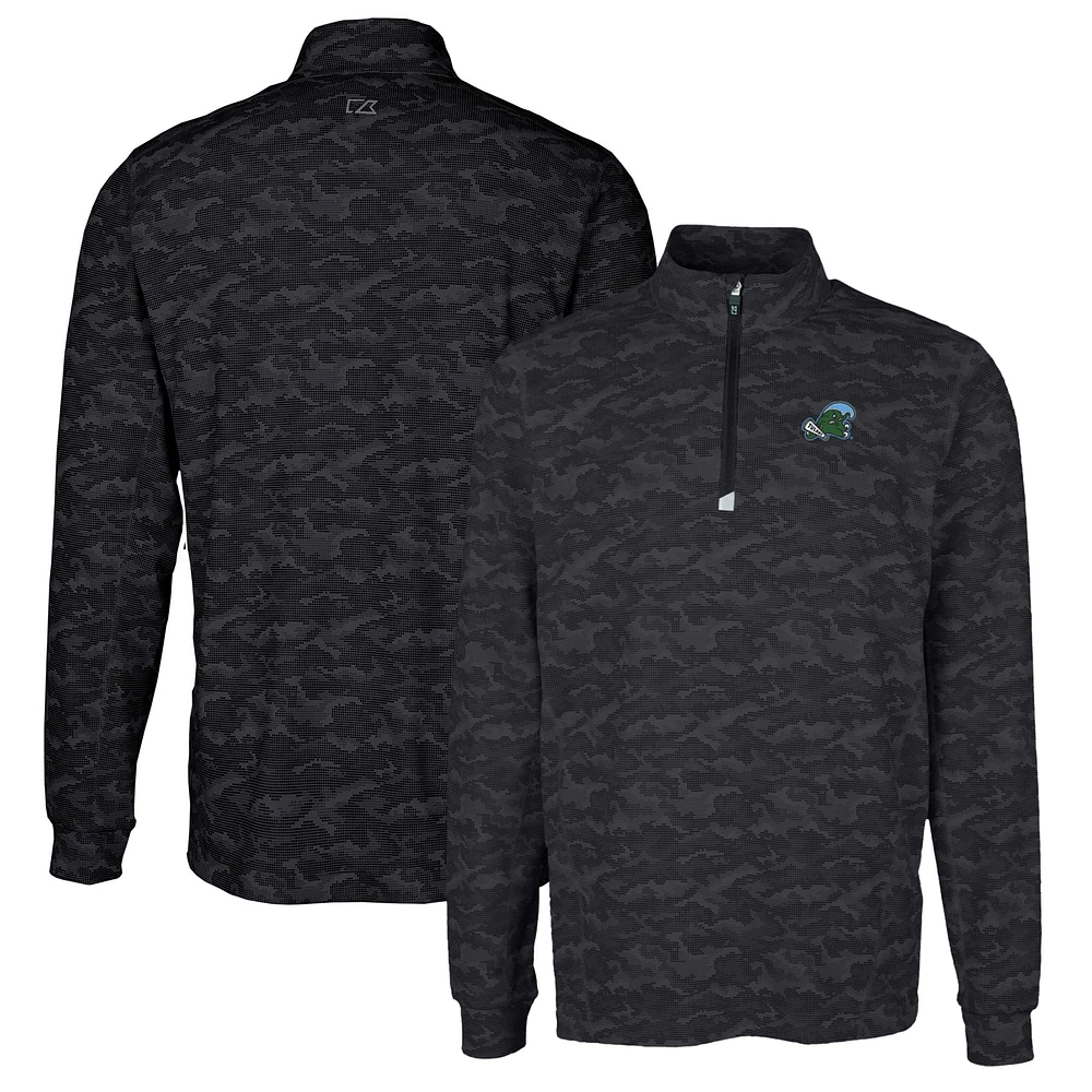 Men's Cutter & Buck Black Tulane Green Wave Traverse Camo Print Stretch Quarter-Zip Pullover Top