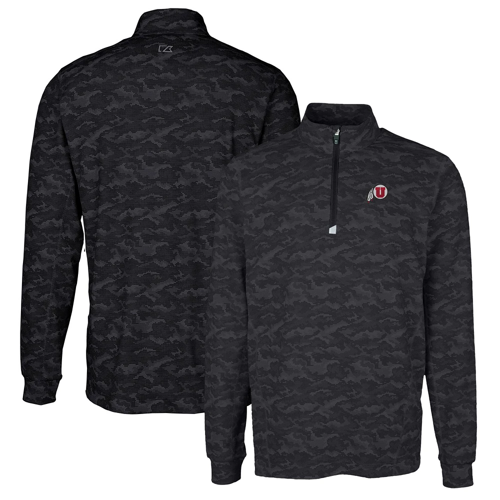 Men's Cutter & Buck Black Utah Utes Traverse Camo Print Stretch Quarter-Zip Pullover Top
