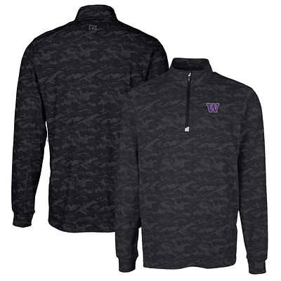 Men's Cutter & Buck Black Washington Huskies Traverse Camo Print Stretch Quarter-Zip Pullover Top