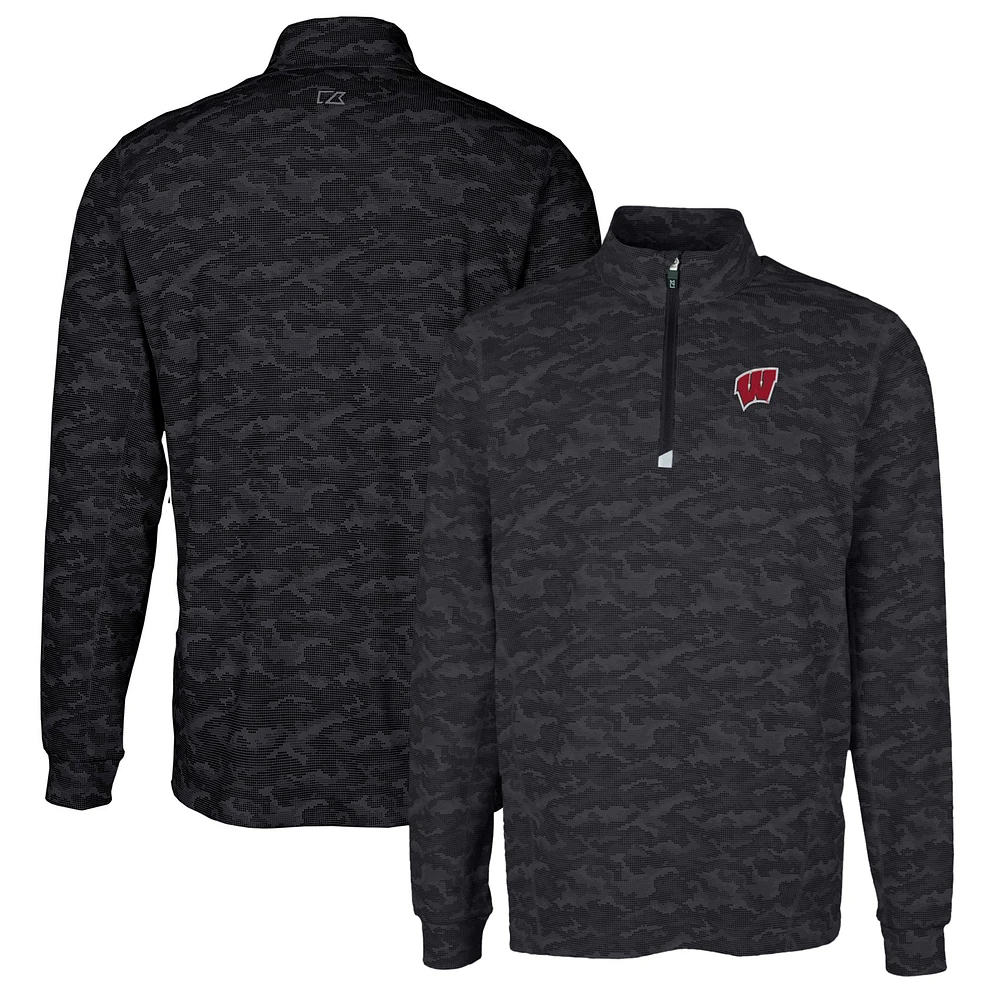 Men's Cutter & Buck Black Wisconsin Badgers Traverse Camo Print Stretch Quarter-Zip Pullover Top