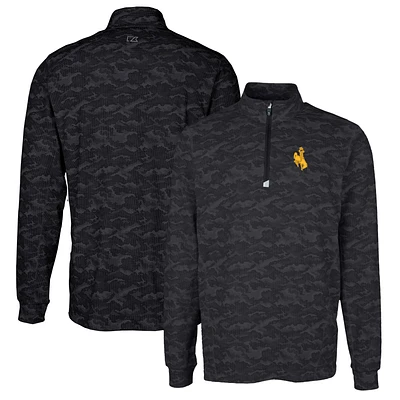 Men's Cutter & Buck Black Wyoming Cowboys Traverse Camo Print Stretch Quarter-Zip Pullover Top