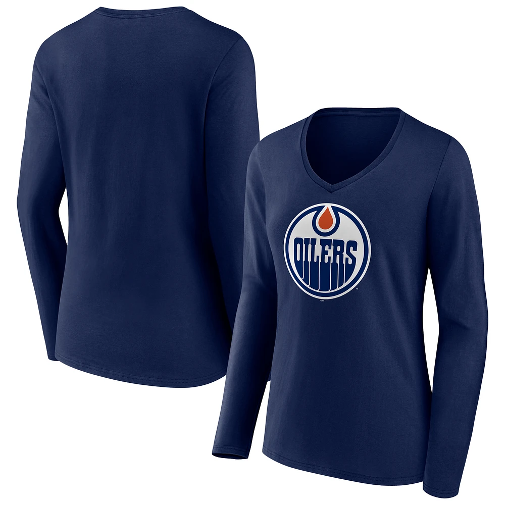 Women's Navy Edmonton Oilers Team Logo Long Sleeve V-Neck T-Shirt
