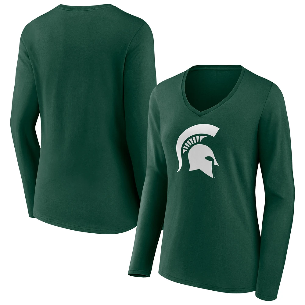 Women's Green Michigan State Spartans Logo Long Sleeve V-Neck T-Shirt